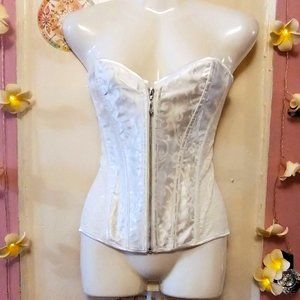 White Lace and Satin Sweetheart Overbust Front Zip Corset (L)